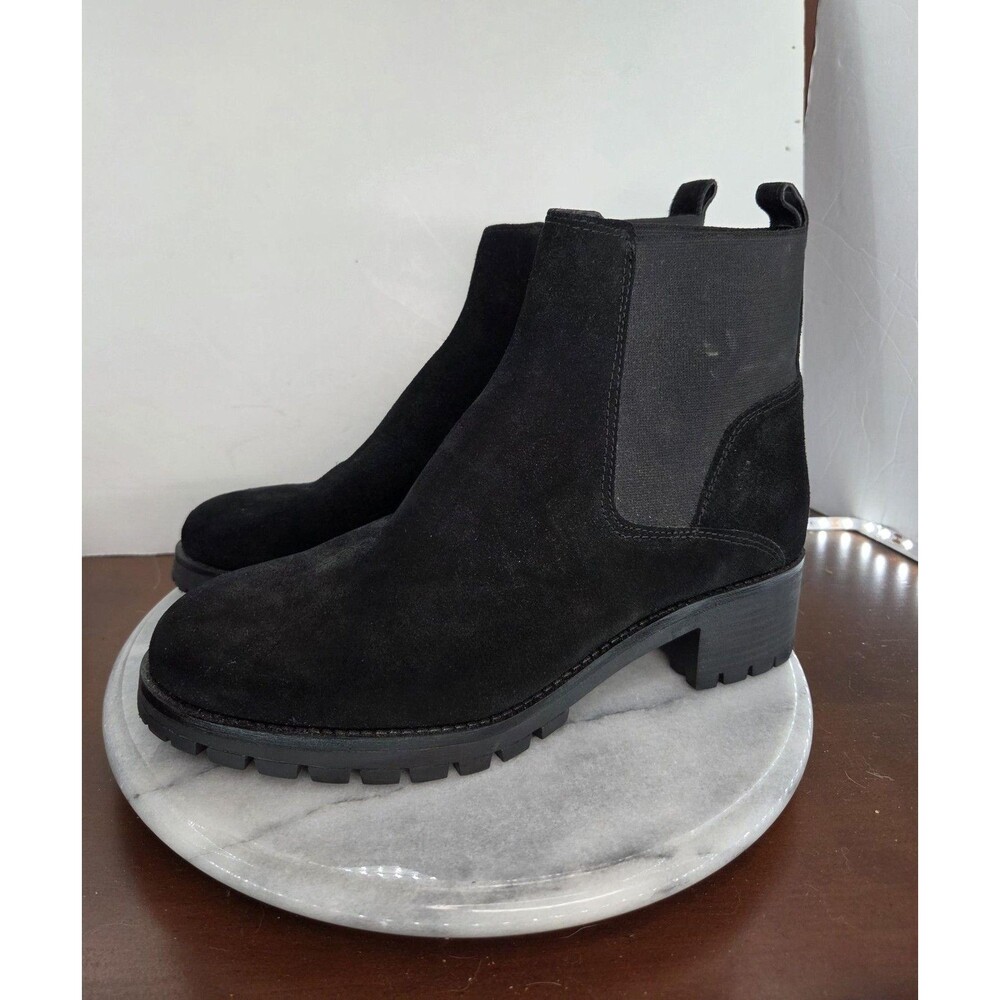 Chelsea Ankle Boots Womens Size 9 Black Suede Lug Sole Block Heel Pull On